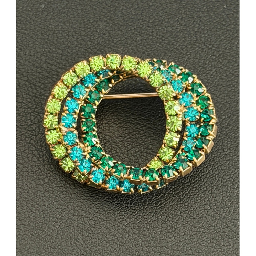 Vintage Rhinestone Brooch UV Glow Green Teal Triple Circle Gold Tone Pin